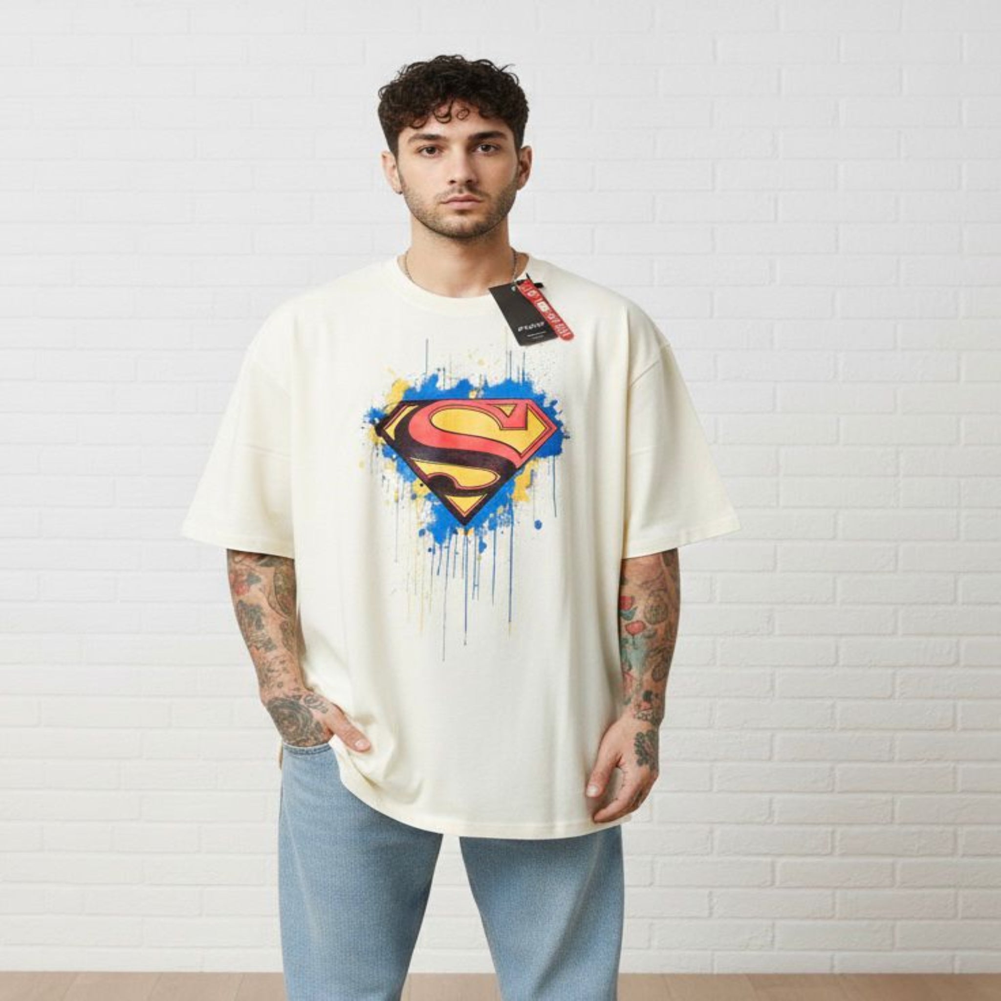 Superman Graphic Printed Beige T-Shirt